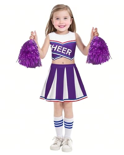 JiAmy Cheerleader Kostüm Kinder mit Pompoms und Kopfschmuck, Schulspiel Cheerleading Uniform Halloween Fancy Dress Up Outfit für 7-8 Jahre JiAmy Cheerleader Kostüm Kinder mit Pompoms und Kopfschmuck, Schulspiel Cheerleading Uniform Halloween Fancy Dress Up Outfit für 7-8 Jahre von JiAmy