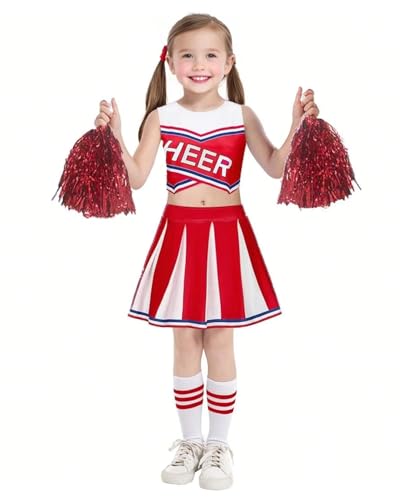 JiAmy Cheerleader Kostüm Kinder mit Pompoms und Kopfschmuck, Schulspiel Cheerleading Uniform Halloween Fancy Dress Up Outfit für 9-10 Jahre JiAmy Cheerleader Kostüm Kinder mit Pompoms und Kopfschmuck, Schulspiel Cheerleading Uniform Halloween Fancy Dress Up Outfit für 9-10 Jahre von JiAmy
