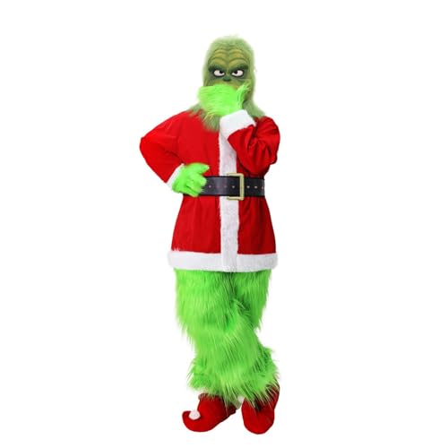 JiaMeng-ZI 7 STÜCKE Herren Cosplay Kostüm Christmas Grinch Weihnachten Outfit Party Suit Grün/Rot Monster Maske Cosplay Einzigartige Uniform Wie der Grinch Weihnachtsmann Anzüge Outfits (Grün, 3XL) von JiaMeng-ZI