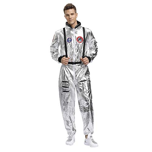 JiaMeng-ZI Astronaut Kostüm Damen Herren Weltall Raumfahrer Outfit Glänzend Karneval Kostüm Overall Metallic Langarm Jumpsuit Spaceman Cosplay Paar Space Kostüm (Silvery, XL) von JiaMeng-ZI