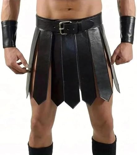 JiaWell Herren Mittelalterlich Gladiator PU-Lederrock Römisch Krieger Taillengürtel Punk Stil Rockgürtel Halloween Cosplay Party Kostüm (Schwarz,Einheitsgröße) von JiaWell