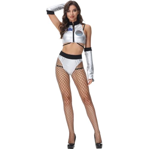 Jiabing Herren Damen Astronaut Kostüm Silber Erwachsene Space Weltall Kostüm Karneval Kostüme Jumpsuit Astronauten Kostüm Weltraum Kostüm Raumfahrer Overall Karneval Fasching Halloween Kostüm von Jiabing