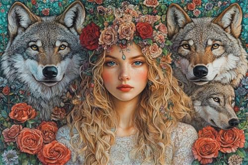 Puzzle 1000 Teile Frau Puzzle Wolf Holzpuzzle Erwachsene Klassische Jigsaw Erwachsene, DIY Groß Challenging Game Wooden Jigsaw Bastelset ab 14 Jahre für Jungen Mädchen für Wohnkultur Geschenke T-5 von Jiacgrtef