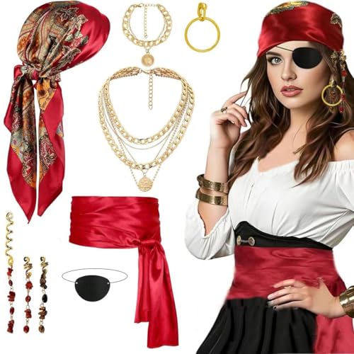 9 Stück Piratenkostüm Damen,Piraten Kostüm,Mittelalter Piratenkostüm Zubehör Set,piraten Kopftuch,Augenklappe,Rotes Hüfte Tuch,Ohrringe,Halskette,Piraten Accessoires Set,für Halloween Karneval Cosplay von Jiahuade