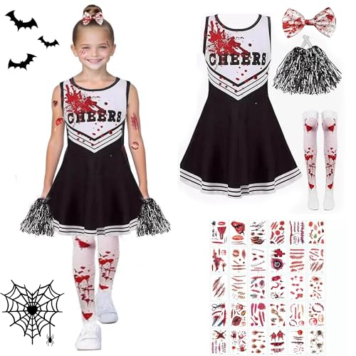 Cheerleader Halloween Kostüm Kids, Cheerleader Zombie Kostüm Kinder, Zombie Kostüm Kinder Mädchen, Kostüme Mädchen cheerleader,Strümpfen,Bogen,Pompoms,Bluttattoo-Aufkleber,für Halloween und Cosplay Cheerleader Halloween Kostüm Kids, Cheerleader Zombie Kostüm Kinder, Zombie Kostüm Kinder Mädchen, Kostüme Mädchen cheerleader,Strümpfen,Bogen,Pompoms,Bluttattoo-Aufkleber,für Halloween und Cosplay von Jiahuade