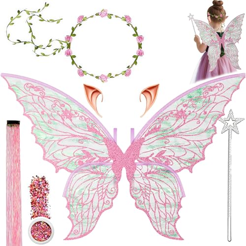Feenflügel Kostüm,Schmetterlingsflügel mit Elfenöhren,Fee Stirnband und Sterne Feenstäbe,Pailletten,Haare,Schmetterlingsflügel,Prinzessinnenflügel,Flügel Kostüm für Fasching oder Feen-Mottopartys von Jiahuade