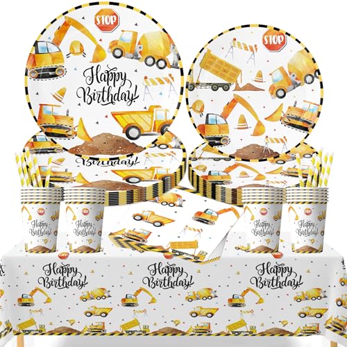 Jiahuade 61 Stück Baustelle Partygeschirr Geburtstag Deko,Bagger Pappteller Kindergeburtstag,Baustelle Partygeschirr Geburtstag,Bagger Partygeschirr Set,Deko Partyzubehör Pappteller Set von Jiahuade
