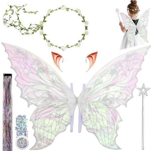 Jiahuade Feenflügel Kostüm,Schmetterlingsflügel mit Elfenöhren,Fee Stirnband und Sterne Feenstäbe,Feenflügel Erwachsene,Party Dekoration Junge Mädchen von Jiahuade