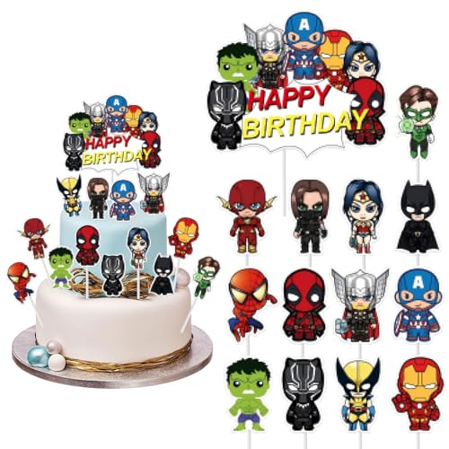 Superhelden Tortendeko,Deko Geburtstag Junge Kuchen,Muffin Deko Geburtstag Cupcake Toppers Set,Happy Birthday Tortendeko Kinder Junge,Kuchen Deko für Junge Mädchen Cupcake Dekorationen von Jiahuade