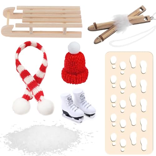 Wichtel Zubehör,Wichtel Schlitten Set,Wichteltür Zubehör Weihnachten,Wichtelschablone,Mini Kleidung Weihnachts,Ski Schlitten Schlittschuhe Mütze Schals Handschuhe,Holzschlitten zum Basteln Weihnachten von Jiahuade