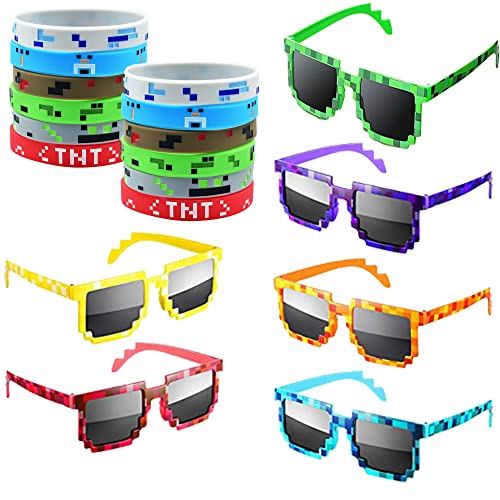 jiaoohoo Pixel geburtstag mitgebsel,12 Stücke Pixel Thema Armband Designs,6 Stücke witzige Pixel Sonnenbrillen,für Jungen und Mädchen Bergbau Thema Stil Party Zubehör, 5*16 von Jiaoohoo