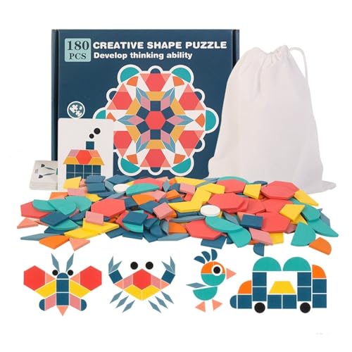 Tangram Kinder Geometrische Formen HolzPuzzles,180 Pcs Tangrams Holzpuzzles mit 24 Designkarten Geeignet, Klassische Pädagogisches Spielzeug für Mädchen Jungen ab 3+ Jahr von Jidyllic