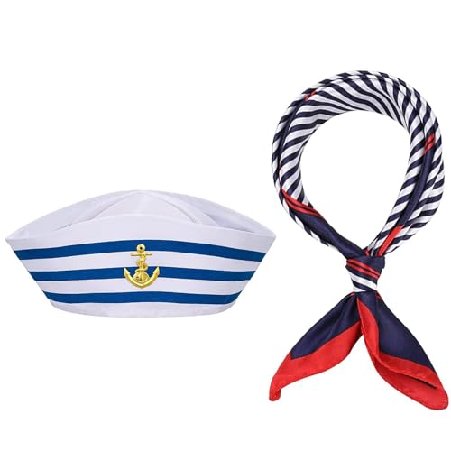 Jieddey Matrosen Kostüm,Streifen Matrosenmütze und Schal Set Kapitänsmütze Kapitän-Matrosen-Kostüm-Set mit Matrosenschal für Männer Frauen Kinder Erwachsene Navy Dress Up Party Zubehör von Jieddey