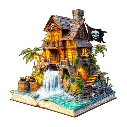 Jigfoxy Holzpuzzle Erwachsene, Piratenhaus im Buch Holz Puzzle Erwachsen, einzigartiges Holztierpuzzle, Familie und Freunde L-34 * 34cm-210pcs von Jigfoxy