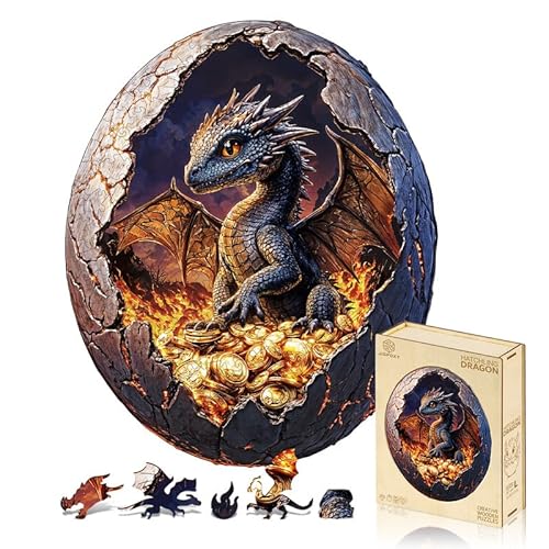 Jigfoxy Holzpuzzle für Erwachsene, Schlüpfdrache, Holzpuzzle für Erwachsene, einzigartige Tierform, Holzschnitt-Puzzles für Familie, Freunde, Puzzle-Liebhaber (L-34,3 x 28,4 cm, 257 Teile) von Jigfoxy
