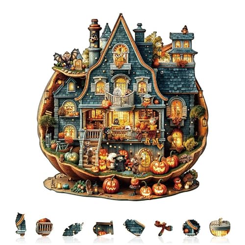 Jigfoxy Holzpuzzles für Erwachsene, 250 Teile Halloween Cottage Puzzle, einzigartiges tierförmiges Puzzle für Erwachsene und Jugendliche, kreatives Geschenk mit Premium-Holzbox, 34 x 31 cm von Jigfoxy