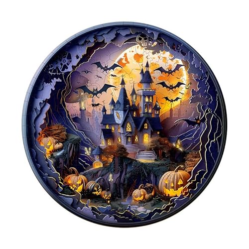 Jigfoxy Holzpuzzles für Erwachsene, 300-teiliges 3D-Halloween-Schloss-Puzzle, einzigartiges tierförmiges Puzzle für Erwachsene und Jugendliche, kreatives Geschenk mit Premium-Holzbox, 34 x 34 cm von Jigfoxy
