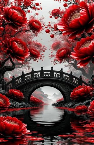 Puzzle 120 Teile für Erwachsene Rote Blumen Brücke Flüsse Impossible Game Pädagogisches Spiel Herausforderndes Rätsel 120 Teile Puzzles 25 x 20 cm von Jiian