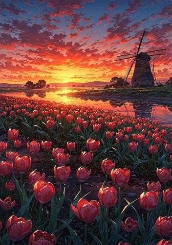 Puzzle 1200 Teile, Sonnenaufgang Rote Tulpe Puzzle für Erwachsene 75 x 50 cm Herausforderndes Rätsel Puzzlespiele für Die Ganze Familie Geschenke für Frauen Männer Puzzles 1200 von Jiian