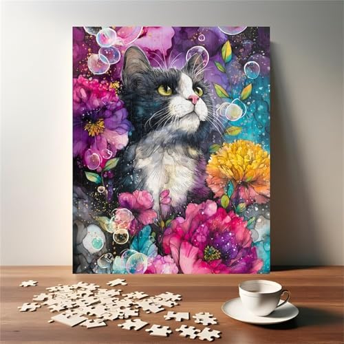 Puzzle 500 Teile, Aquarell Blumen Katze Puzzle für Erwachsene 52 x 38 cm Herausforderndes Rätsel Puzzlespiele für Die Ganze Familie Geschenke für Frauen Männer Puzzles 500 von Jiian