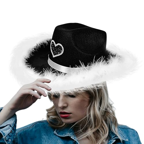 Jiimhte Cowboyhüte für Damen, Denim-Hut mit breiter Krempe, stilvoll, atmungsaktiv, Filz-Kopfbedeckung, Zubehör für, Party, Festival, Urlaub, Outdoor, Schwarz Jiimhte Cowboyhüte für Damen, Denim-Hut mit breiter Krempe, stilvoll, atmungsaktiv, Filz-Kopfbedeckung, Zubehör für, Party, Festival, Urlaub, Outdoor, Schwarz von Jiimhte