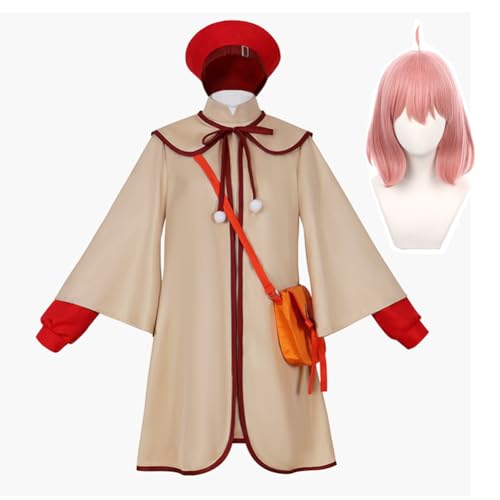 Jilijia Anya Forger Cosplay Kostüm mit rotem Hut und Tasche, Anime Uniform Kleid Anzug Outfit Halloween Karneval Party Cosplay Kleidung von Jilijia