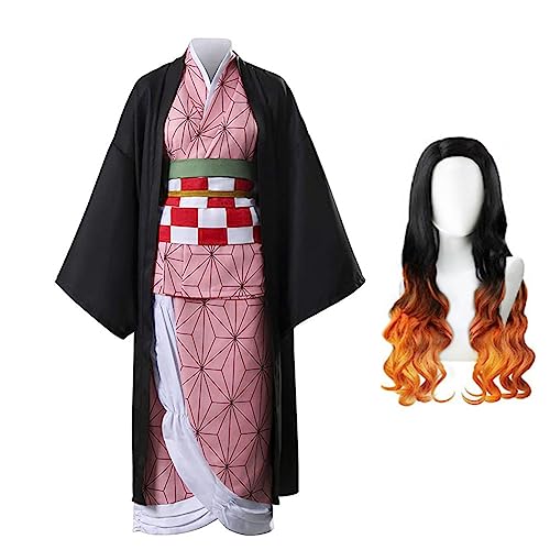 Jilijia Kamado Nezuko Cosplay Kostüm Japanischer Anime Kimono mit Perücke Komplettset Halloween Karneval Vorstellungsspiel Fancy Dress von Jilijia