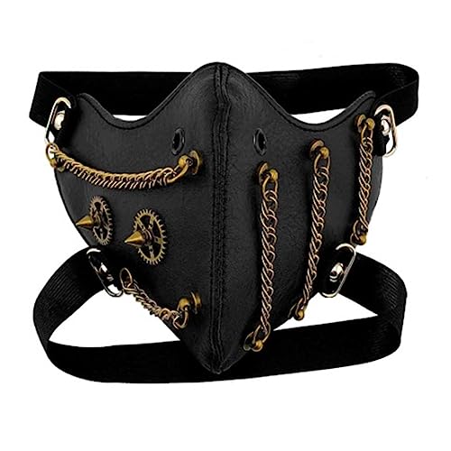 Jilijia Mittelalterliche Steampunk-Punk-Maske, Cosplay-Maske, Kettenausrüstung, Gesichtsmaske, schwarz, PU-Leder, Maske, Halloween, Maskerade, Dekoration, Requisiten von Jilijia