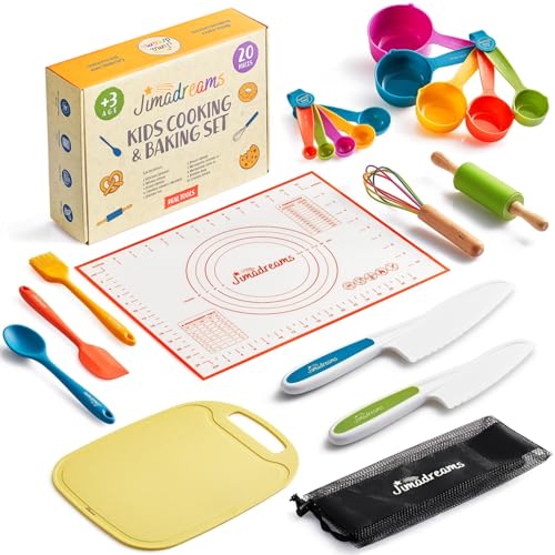 Jimadreams® Kinder Backset - Sichere Kindermesser & Echte BPA-freie Küchenutensilien - Schneiden, Kochen und Backen mit Kindern - Kochset & Montessori Messer-Set für Mädchen Jungen ab 3 Jahre von Jimadreams