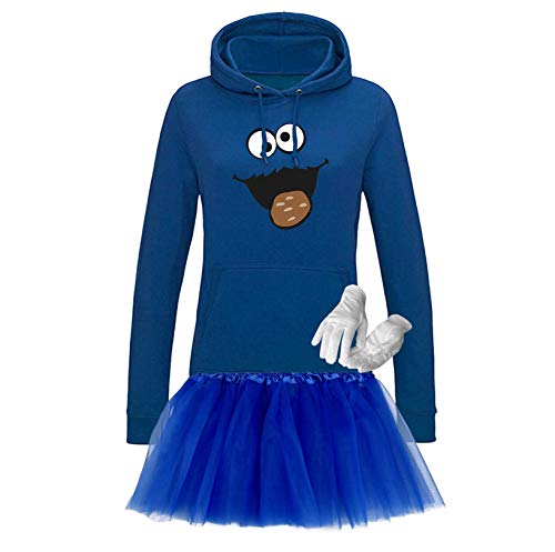 Hoodie Krümelmonster mit Keks Kostüm Set + Tütü Tüllrock Karneval Damen XS - 2XL Fasching Verkleidung Gruppen Rosenmontag Sesamstraße, Größenauswahl:XS, Setauswahl:PLUS Set (+Handschuhe) von Jimmys Textilfactory