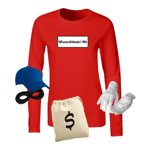 Jimmys Textilfactory Longsleeve Panzerknacker Karneval Kostüm Set Wunschnummer XS-2XL Damen Verkleidung Fasching Rosenmontag Zug, Größe:L, Set: deluxe+, Logo: Wunsch-Nr von Jimmys Textilfactory