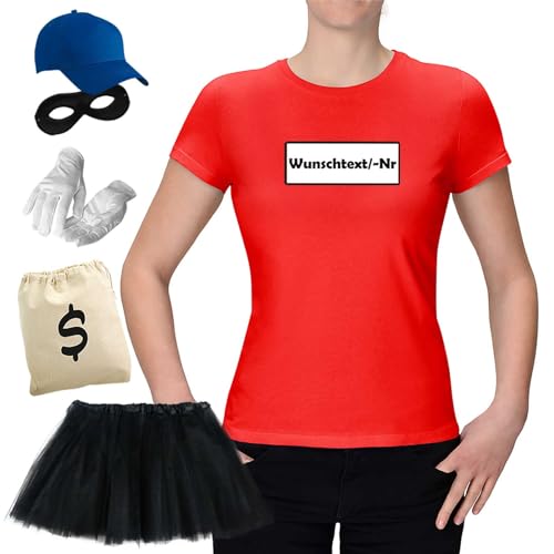 Jimmys Textilfactory T-Shirt & Tütü Panzerknacker Karneval Kostüm Set & Tüllrock XS-3XL Damen Verkleidung Fasching Outfit Rosenmontag, Größe:3XL, Set: Deluxe+ +Tütü SCHWARZ, Logo: Wunsch-Nr von Jimmys Textilfactory