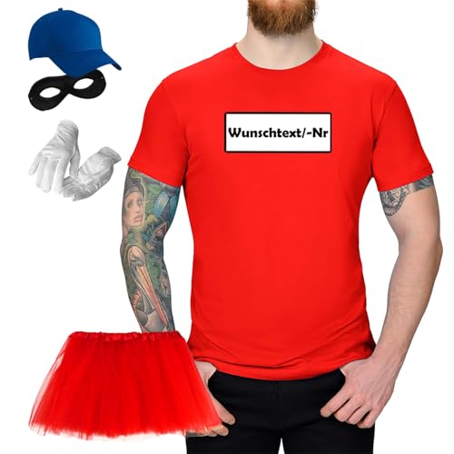 Jimmys Textilfactory T-Shirt & Tütü Panzerknacker Karneval Kostüm Set & Tüllrock XS-5XL Herren Verkleidung Fasching Outfit Rosenmontag JGA, Größe:5XL, Set: Komplett+Tütü ROT, Logo: Wunsch-Nr von Jimmys Textilfactory