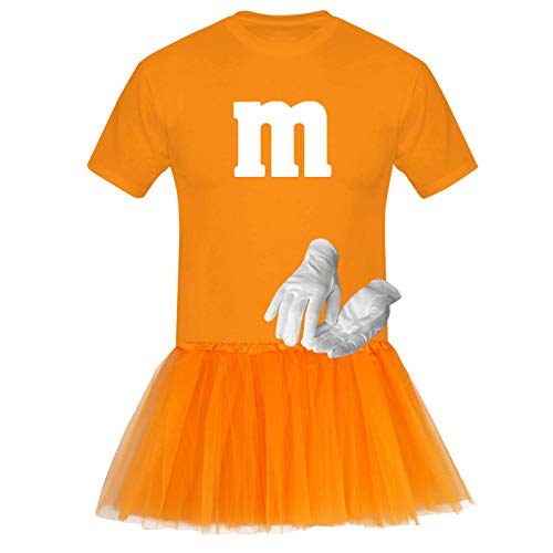 T-Shirt M&M + Tüllrock Karneval Gruppenkostüm Schokolinse 8 Farben Herren XS-5XL Fasching Verkleidung M's Fans Tanzgruppe , Gr.:4XL, Farbauswahl:orange - Logo weiss (+Handschuhe weis/Tütü orange) von Jimmys Textilfactory