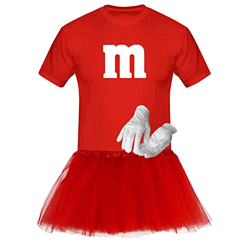 T-Shirt M&M + Tüllrock Karneval Gruppenkostüm Schokolinse 8 Farben Herren XS-5XL Fasching Verkleidung M's Fans Tanzgruppe , Gr.:S, Farbauswahl:rot - Logo weiss (+Handschuhe weiss/Tütü rot) von Jimmys Textilfactory