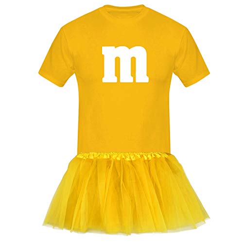 T-Shirt M&M + Tüllrock Karneval Gruppenkostüm Schokolinse 8 Farben Herren XS-5XL Fasching Verkleidung M's Fans Tanzgruppe , Größenauswahl:2XL, Farbauswahl:gelb - Logo weiss (+Tütü gelb) von Jimmys Textilfactory