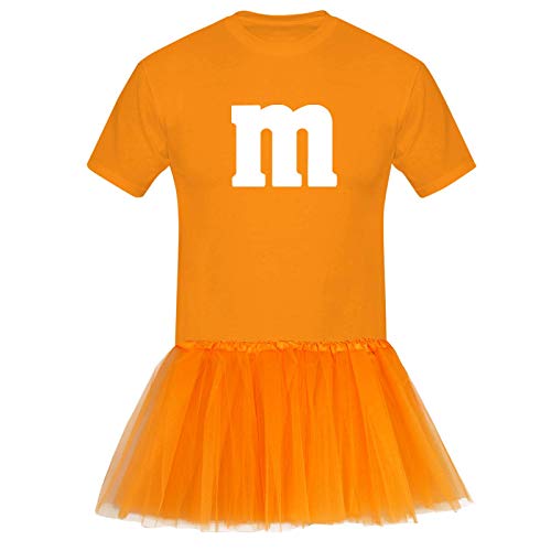 T-Shirt M&M + Tüllrock Karneval Gruppenkostüm Schokolinse 8 Farben Herren XS-5XL Fasching Verkleidung M's Fans Tanzgruppe , Größenauswahl:L, Farbauswahl:orange - Logo weiss (+Tütü orange) von Jimmys Textilfactory