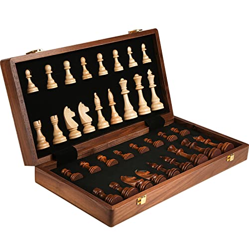 45,7 cm magnetisches Schachspiel aus Holz, eingelegtes Nussholz-Schachspiel, 2 zusätzliche Königinnen – Klappbrett,für Kinder und Erwachsene, Brettspiel aus Holz für Anfänger von JinKeHong