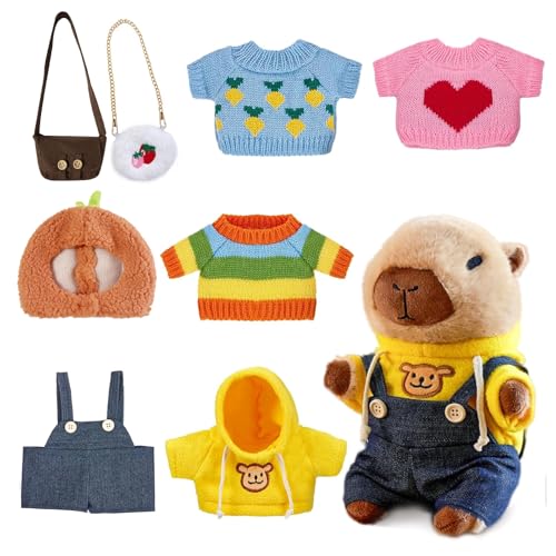Jinfanshurich 23cm Capybara Kuscheltier Kleidung Set – mit 5 Kleidungsstücke, Hut & 2 Taschen – Anziehspielzeug ab 3 Jahre für Mädchen & Jungen – Zubehör für Capybara Plüschtiere von Jinfanshurich