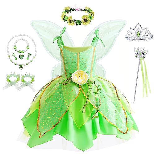 Blumenfeenkostüm, Prinzessinnenkostüm für Mädchen, Tinkerbell, Kleidung für Halloween, Cosplay, mit Flügel, Grün, Tinkerbell, 9-10 Jahre Blumenfeenkostüm, Prinzessinnenkostüm für Mädchen, Tinkerbell, Kleidung für Halloween, Cosplay, mit Flügel, Grün, Tinkerbell, 9-10 Jahre von JingDan