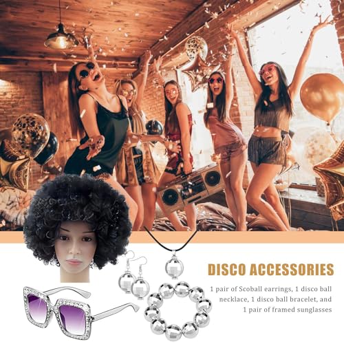 Jingmiger Disco-Kostümzubehör, 70er-Jahre-Disco-Zubehör für Damen,Rapper Kostüm 70er Jahre Kostüm Set Discokugel Zubehör | Afro-Perücke, Ohrringe, Armband, Sonnenbrille für Hip-Hop-Rapper- -Party von Jingmiger