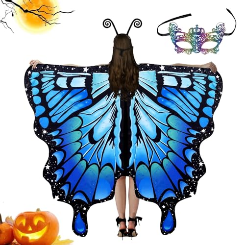 Schmetterlingsflügel-Kostüm für Damen, Schmetterlingsflügel-Kostüm, Schal mit Schmetterlingsflügeln für Damen, Halloween-Party, Halloween-Schmetterlingsflügel mit Maske und Antennenband für R-Spiel von Jingmiger