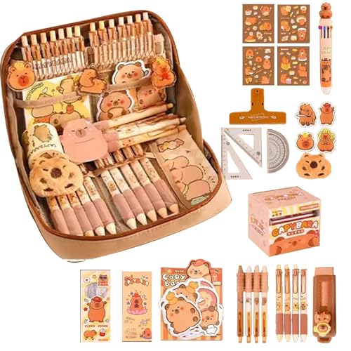 Capybara Schreibwaren Set, Süßes Capybara Federmäppchen mit Stiften, Clips, Linealen, Sticker und Mehr, Schreibwaren Geschenkset für Kinder, Federtaschen Stifttasche für Büro, Schule, Kinder, Schüler von Jingyash