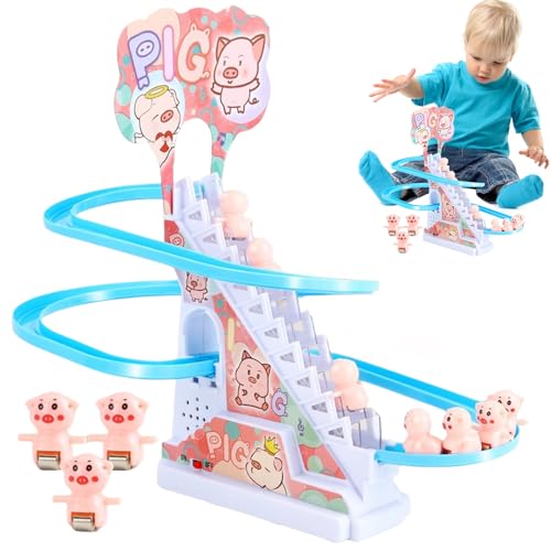 Elektrische Schweinchen Treppensteigen Spielzeug, Kinder Rennstrecke Spielzeug mit Rutsche und 6 Schweinchen, Achterbahn Spielset, Lernspielzeug Kinder, Geschenk für Junge Mädchen 3–8 Jahren von Jingyash