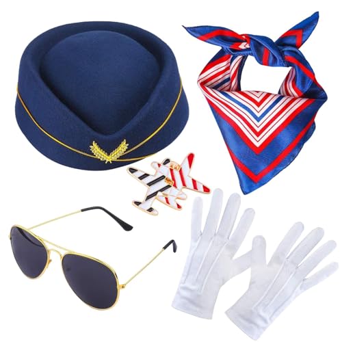 Flugbegleiterin Accessoires für Damen, 5 Stück Stewardess Kostüm Zubehör, Stewardessen Mütze mit Schal, Sonnenbrille, Flugzeugbrosche und Handschuhe, Stewardess Cosplay Kostüme Zubehör für Frauen Flugbegleiterin Accessoires für Damen, 5 Stück Stewardess Kostüm Zubehör, Stewardessen Mütze mit Schal, Sonnenbrille, Flugzeugbrosche und Handschuhe, Stewardess Cosplay Kostüme Zubehör für Frauen von Jingyash