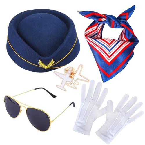 Flugbegleiterin Accessoires für Damen, 5 Stück Stewardess Kostüm Zubehör, Stewardessen Mütze mit Schal, Sonnenbrille, Flugzeugbrosche und Handschuhe, Stewardess Cosplay Kostüme Zubehör für Frauen Flugbegleiterin Accessoires für Damen, 5 Stück Stewardess Kostüm Zubehör, Stewardessen Mütze mit Schal, Sonnenbrille, Flugzeugbrosche und Handschuhe, Stewardess Cosplay Kostüme Zubehör für Frauen von Jingyash