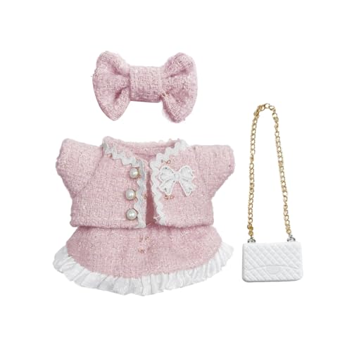 4 Stück Puppenkleiderset für 17 cm Plüschpuppen - Enthält Mantel, Kleid, Schleife, Haarspange & Handtasche, Premium Puppen-Outfit Zubehör für Mädchen Jungen (Rosa-1) von Jinkey