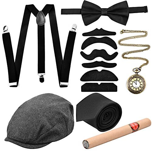 Jinlaili 1920s Herren Accessoires Set, Herren Kostüme Zubehör mit Baskenmütze, Verstellbar Hosenträger Krawatte Fliege, Vintage Taschenuhr und Plastik Zigarre, für Karneval Halloween Maskerade Party von Jinlaili