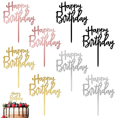 8 Stück Happy Birthday Tortendeko, Happy Birthday Cake Topper, Wiederverwendbarcake Acryl Cake Topper Geburtstag, Happy Birthday Kuchen Deko füe Mädchen Junge Kinder(Gold, Rosa, Silber, Schwarz x 2) von Jinsion