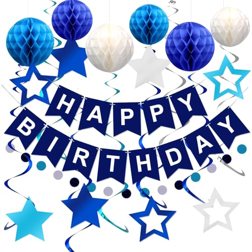 Happy Birthday Girlande Blau, Geburtstagsdeko Jungen, Geburtstag Deko Mann, Marineblau Happy Birthday Banner mit Wabenball, Stern Hängende Wirbel Streamer Kreis Punkt Girlande Dekroationen für Jungen von Jinsion